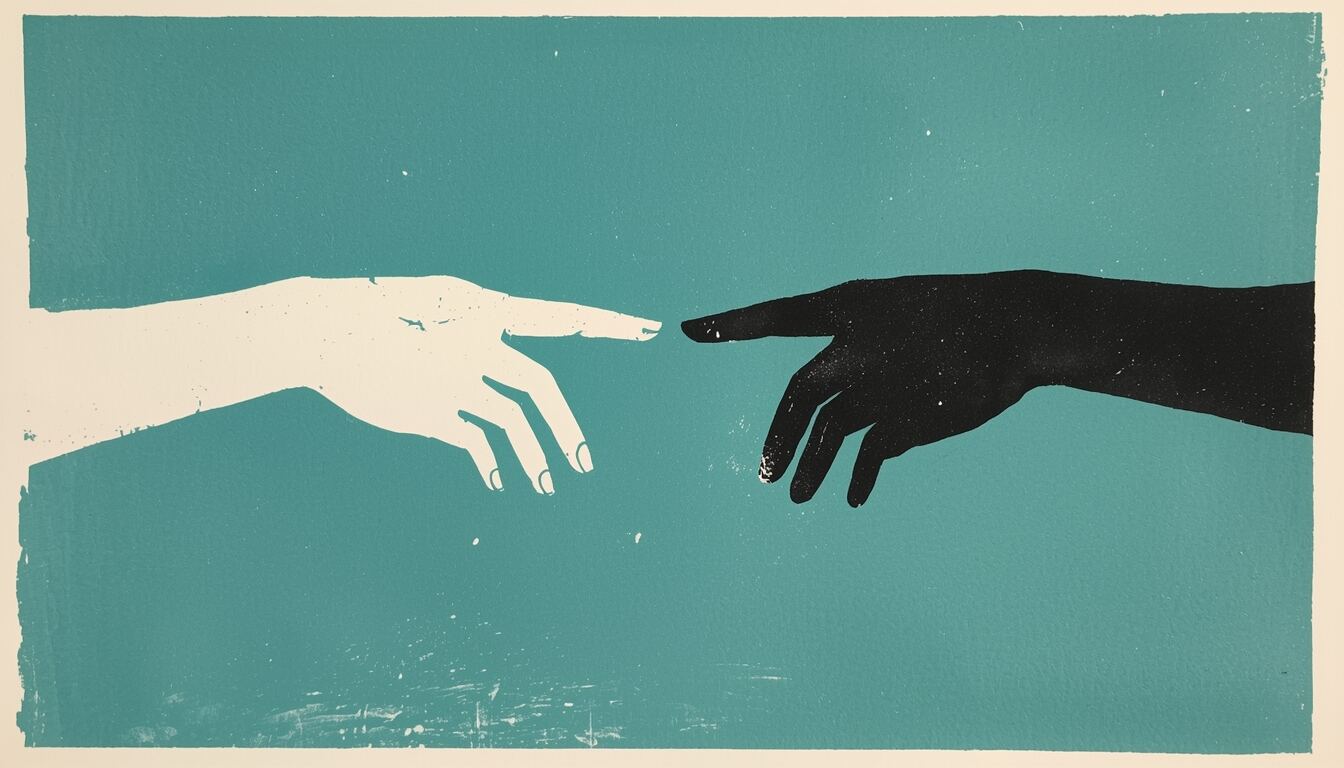 Two hands reaching toward each other, in teal and black print style.